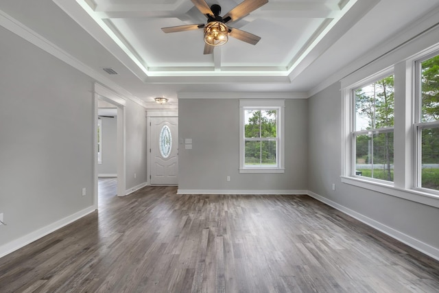 1695 Landing St, Carrabelle, FL 32322 - empty room with plenty of natural light, coffered ceiling, a ceiling fan, wood finished floors, and crown molding