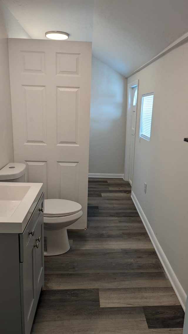 bathroom with hardwood / wood-style floors, vanity, and lofted ceiling