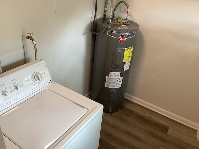 washroom featuring dark hardwood / wood-style floors, washer / clothes dryer, and water heater