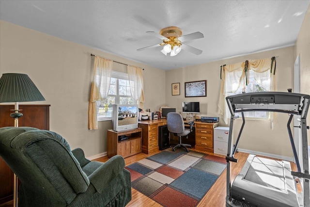 home office with light hardwood / wood-style floors and ceiling fan