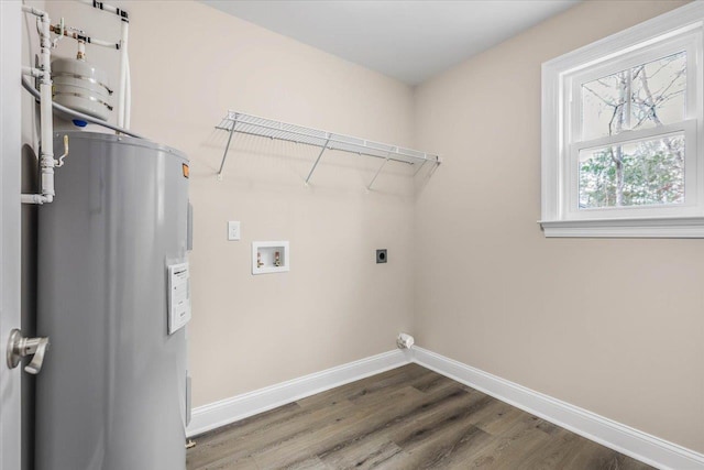 washroom featuring water heater, electric dryer hookup, hookup for a washing machine, and dark wood-type flooring