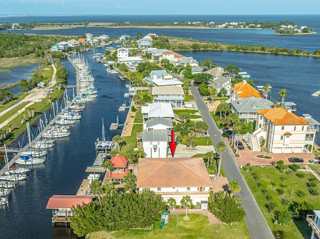 drone / aerial view featuring a water view