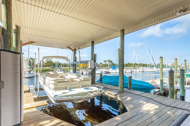 view of dock with a water view and gas water heater