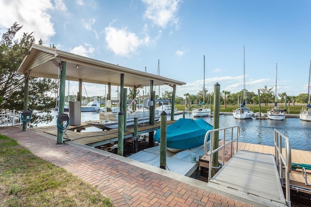 view of dock with a water view