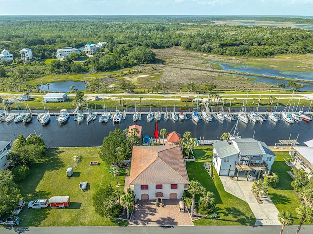 bird's eye view with a water view