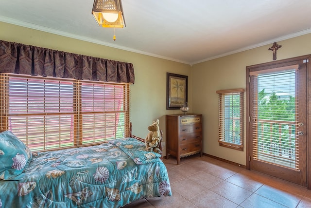 bedroom with access to exterior, light tile patterned floors, and crown molding