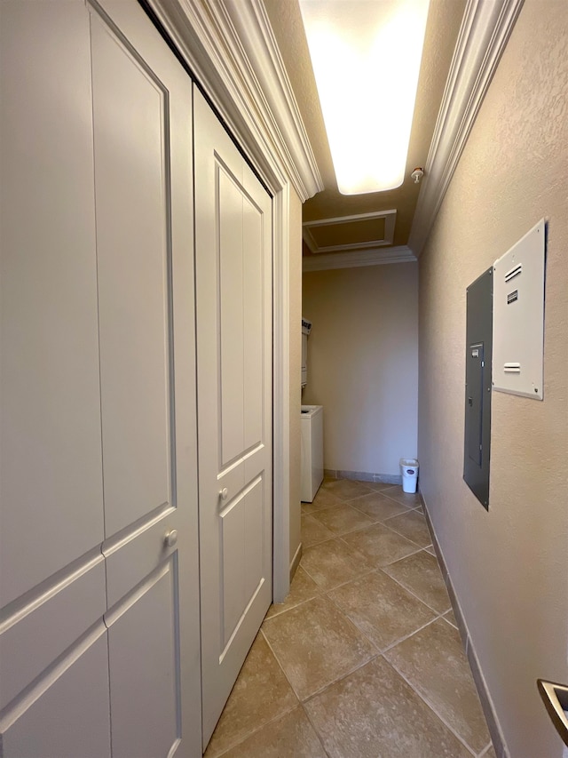 corridor with electric panel and tile patterned floors