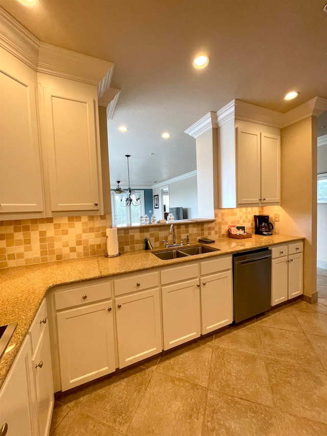 kitchen featuring dishwasher, decorative backsplash, sink, and ornamental molding