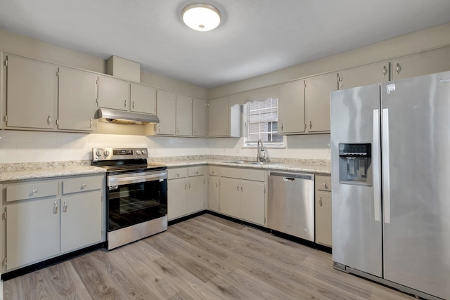 kitchen with tasteful backsplash, light wood-type flooring, appliances with stainless steel finishes, and sink