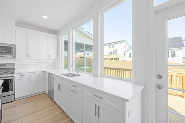 kitchen with light hardwood / wood-style floors, white cabinetry, sink, and appliances with stainless steel finishes