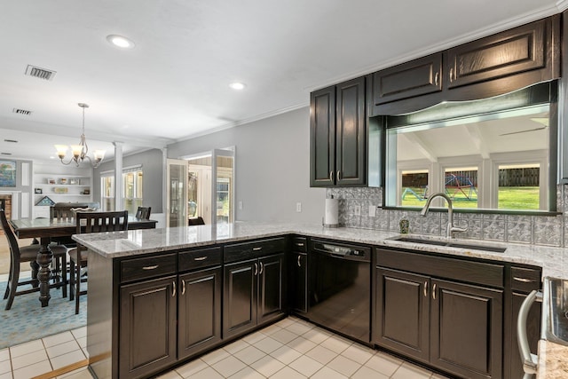 kitchen with a peninsula, stove, a sink, visible vents, and black dishwasher