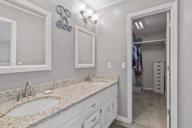 bathroom featuring double vanity, a spacious closet, baseboards, and a sink