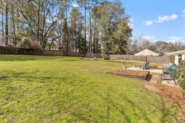 view of yard featuring a patio area and a fenced backyard