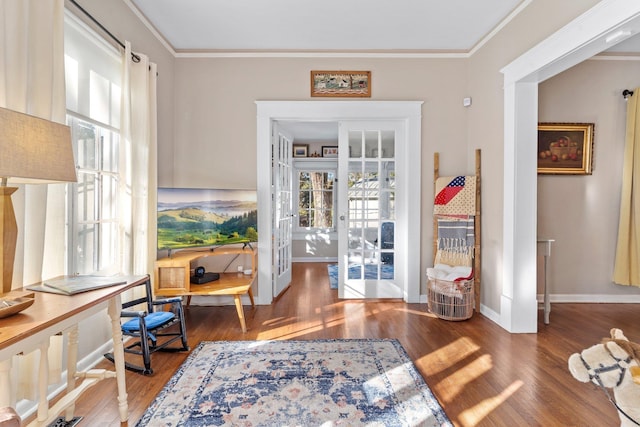 sitting room featuring ornamental molding, french doors, and a healthy amount of sunlight