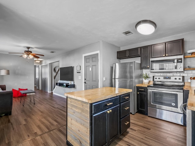 420 Indian Village Trl, Tallahassee, FL 32304 - kitchen with appliances with stainless steel finishes, butcher block counters, ceiling fan, dark wood-type flooring, and backsplash