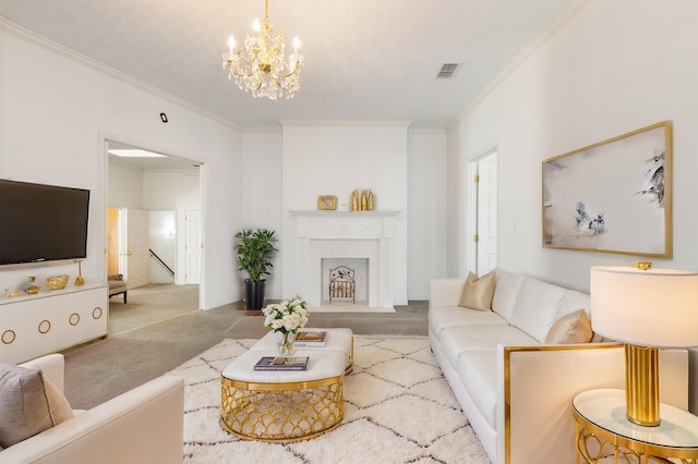 living room featuring a chandelier, light colored carpet, and crown molding