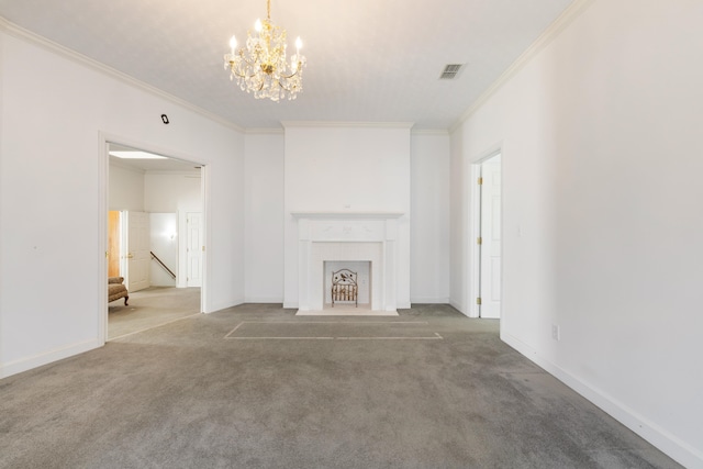 unfurnished living room with an inviting chandelier, carpet flooring, and ornamental molding