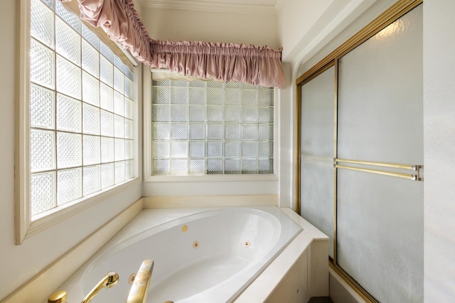 bathroom with plus walk in shower and ornamental molding