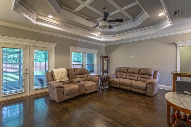 living room with ornamental molding, dark wood-type flooring, and coffered ceiling