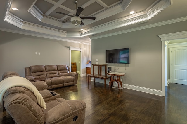 living room with dark hardwood / wood-style floors, crown molding, and coffered ceiling