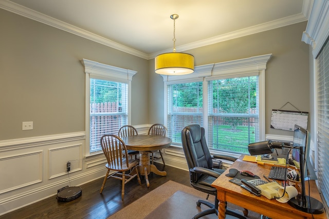 office space with dark wood-type flooring and crown molding