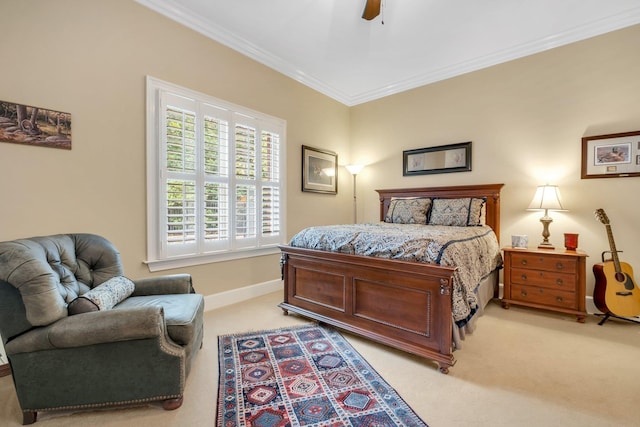 bedroom with light colored carpet, ornamental molding, and ceiling fan