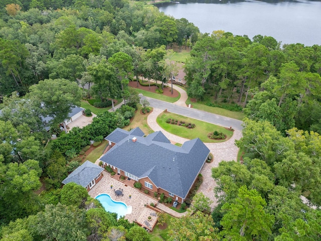 drone / aerial view featuring a water view