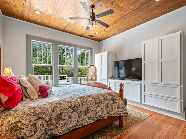 bedroom with ceiling fan, light hardwood / wood-style floors, and wooden ceiling