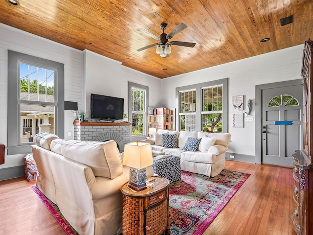 living room with ceiling fan, wood ceiling, and light hardwood / wood-style floors