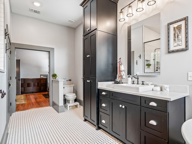 bathroom featuring vanity, a shower, and toilet