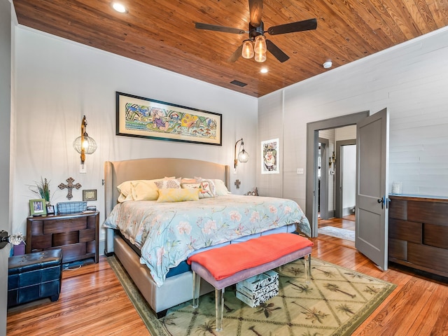 bedroom with wood-type flooring and wood ceiling