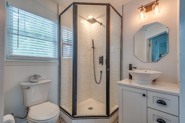 bathroom with a shower with door, vanity, and toilet