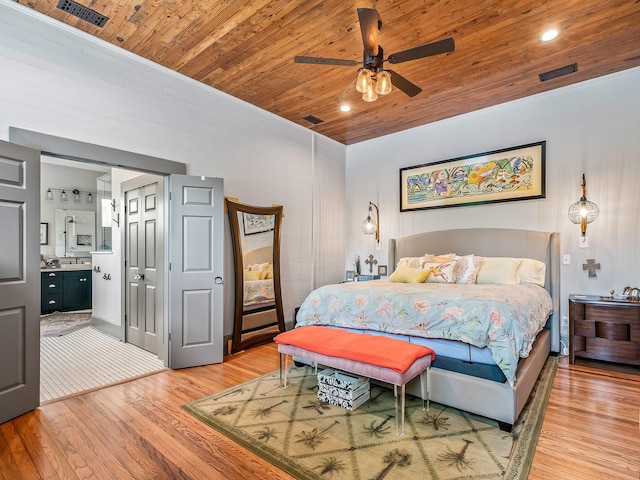 bedroom featuring hardwood / wood-style floors, wood ceiling, ceiling fan, and ensuite bathroom