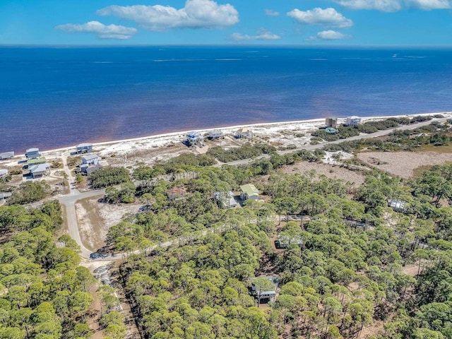 drone / aerial view featuring a water view and a beach view