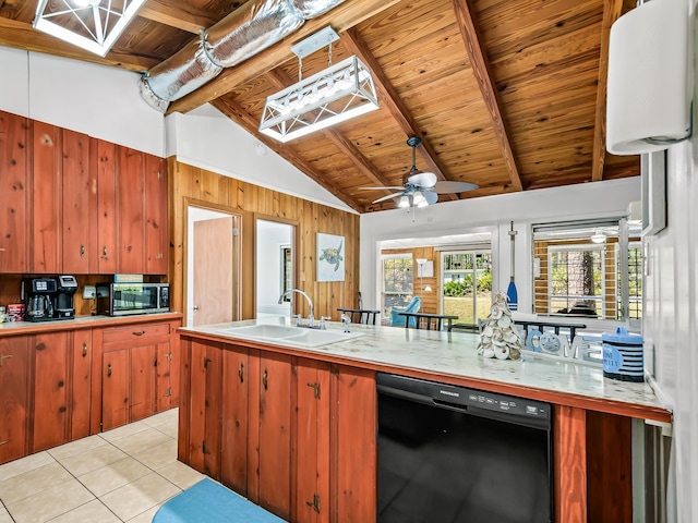 kitchen featuring lofted ceiling with beams, dishwasher, sink, light tile patterned floors, and wood ceiling