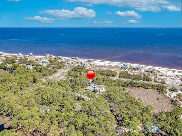 aerial view with a water view and a beach view