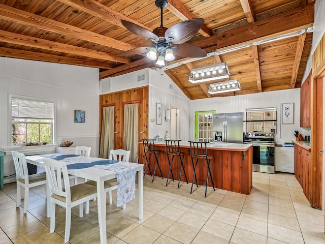 tiled dining room with sink, wood ceiling, lofted ceiling with beams, and ceiling fan