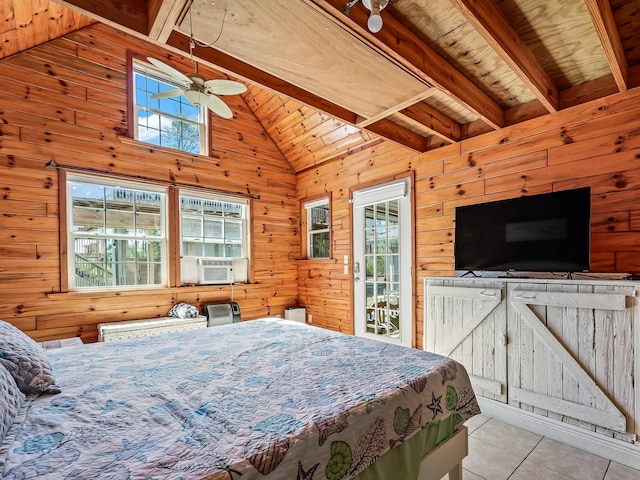 tiled bedroom with wood walls, wood ceiling, lofted ceiling with beams, access to outside, and cooling unit