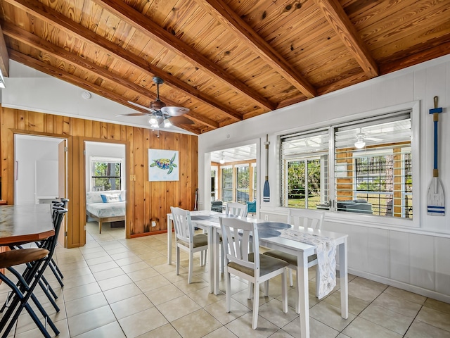 dining room with wood walls, wood ceiling, lofted ceiling with beams, light tile patterned floors, and ceiling fan