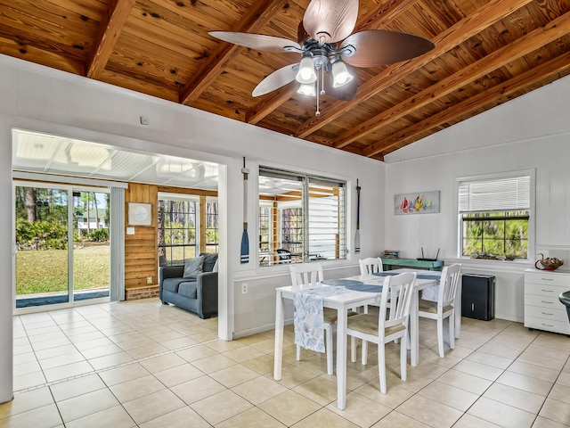 dining area with a wealth of natural light, light tile patterned floors, and wooden ceiling