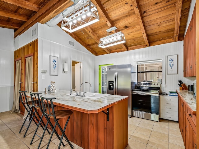 kitchen featuring sink, decorative light fixtures, light tile patterned floors, wooden ceiling, and stainless steel appliances