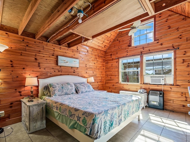 tiled bedroom with lofted ceiling with beams, cooling unit, and wooden walls