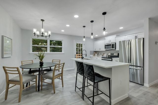 kitchen featuring decorative light fixtures, white cabinetry, stainless steel appliances, sink, and a center island with sink