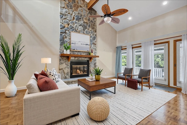 414 Tharpe Cir, Quincy, FL 32351 - living area featuring high vaulted ceiling, a ceiling fan, baseboards, and a fireplace