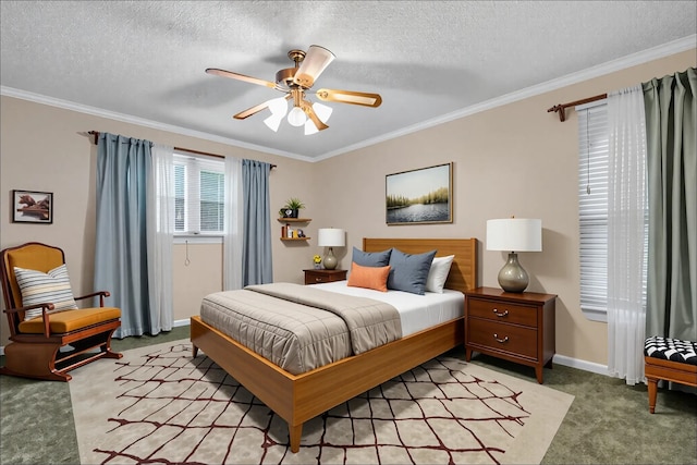 414 Tharpe Cir, Quincy, FL 32351 - bedroom with ornamental molding, light colored carpet, a textured ceiling, baseboards, and ceiling fan