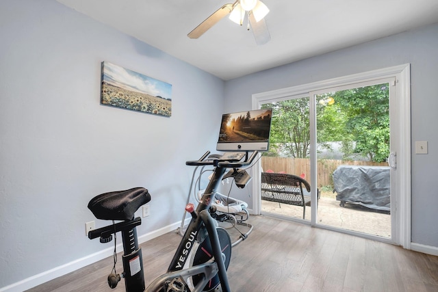 2401 Lanrell Dr, Tallahassee, FL 32303 - exercise area with wood finished floors, baseboards, and a ceiling fan