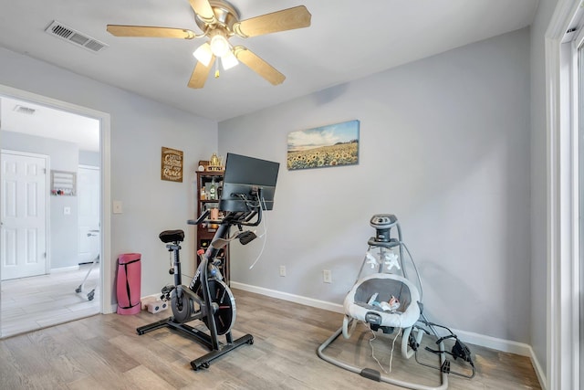 2401 Lanrell Dr, Tallahassee, FL 32303 - exercise room featuring light wood-style flooring, ceiling fan, and baseboards