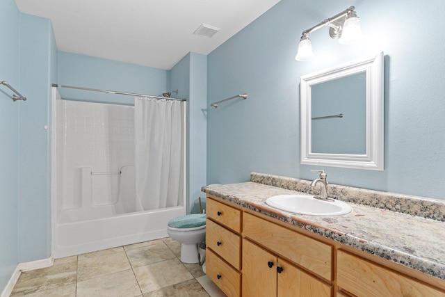 full bathroom with tile patterned floors, vanity, toilet, and shower / bathtub combination with curtain