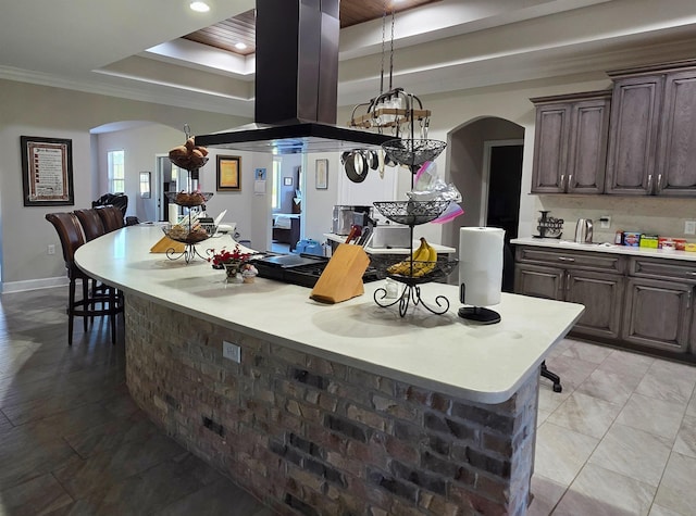 kitchen featuring arched walkways, light countertops, a tray ceiling, and ornamental molding