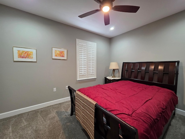 carpeted bedroom featuring a ceiling fan, recessed lighting, and baseboards